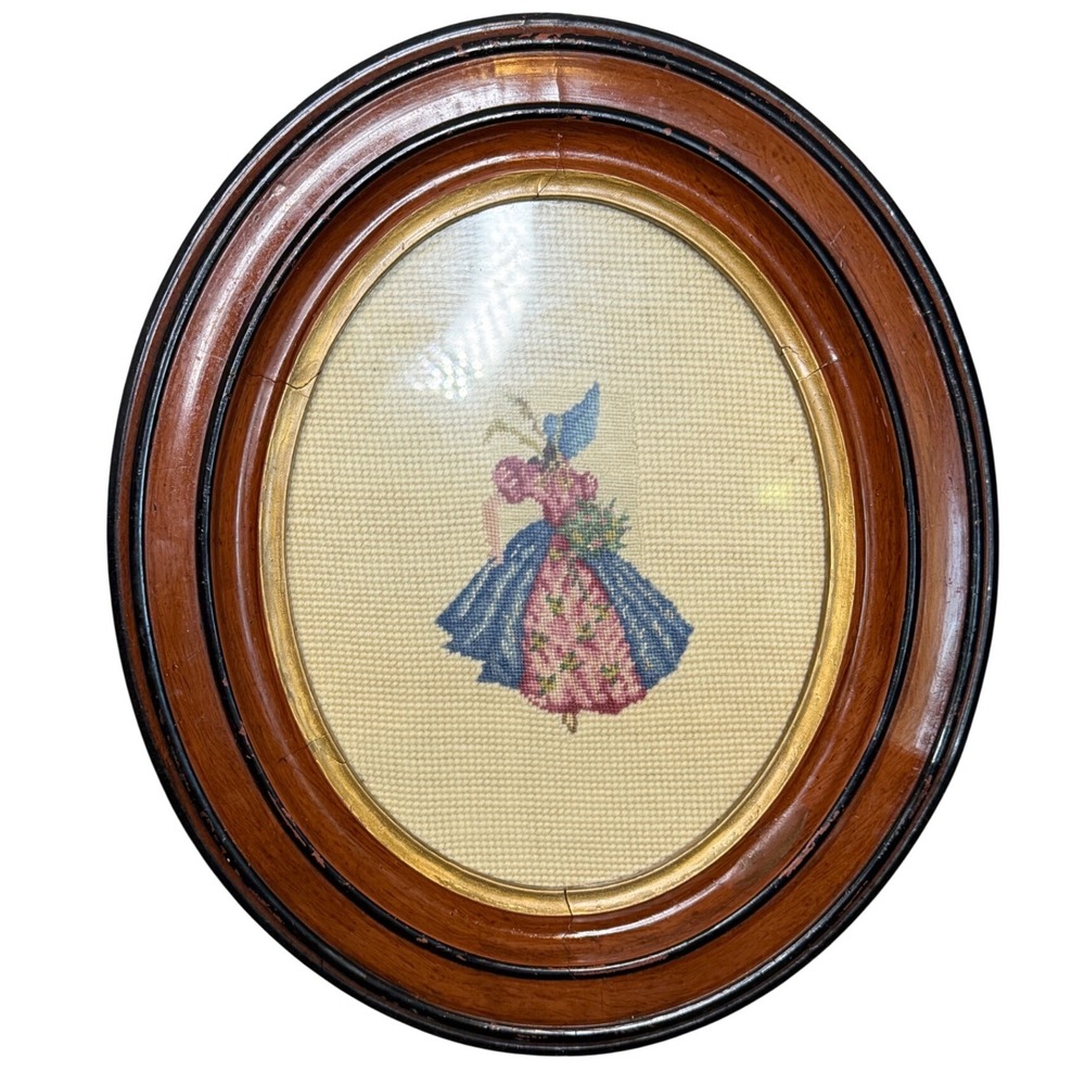 Vintage Oval Framed Needlepoint Southern Belle Lady Bonnet Wood Frame Gold Rim